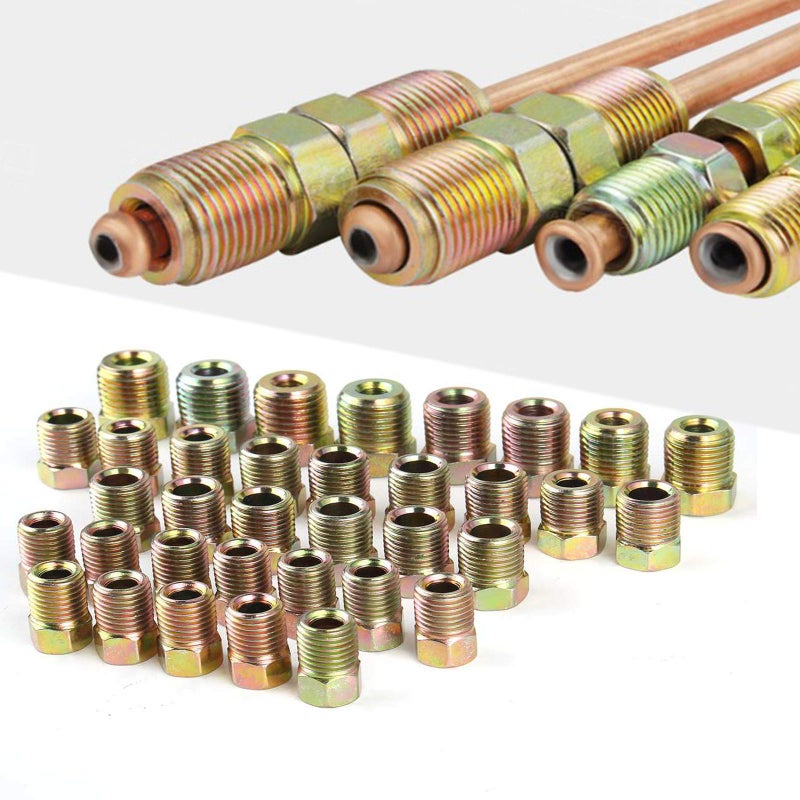 MuHize Brake Line Fitting Kit 32PC - SAE 3/16" & 1/4" Brake Tube Inverted Flare Unions (3/8-24 UNF) for Ford GM Dodge Chrysler Jeep Car Truck - Heavy Duty - Image 1